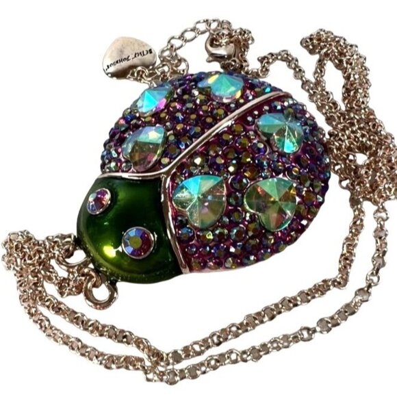Betsey Johnson Ladybug Necklace AB red pave' iridescent hearts glistening chain - Picture 3 of 7